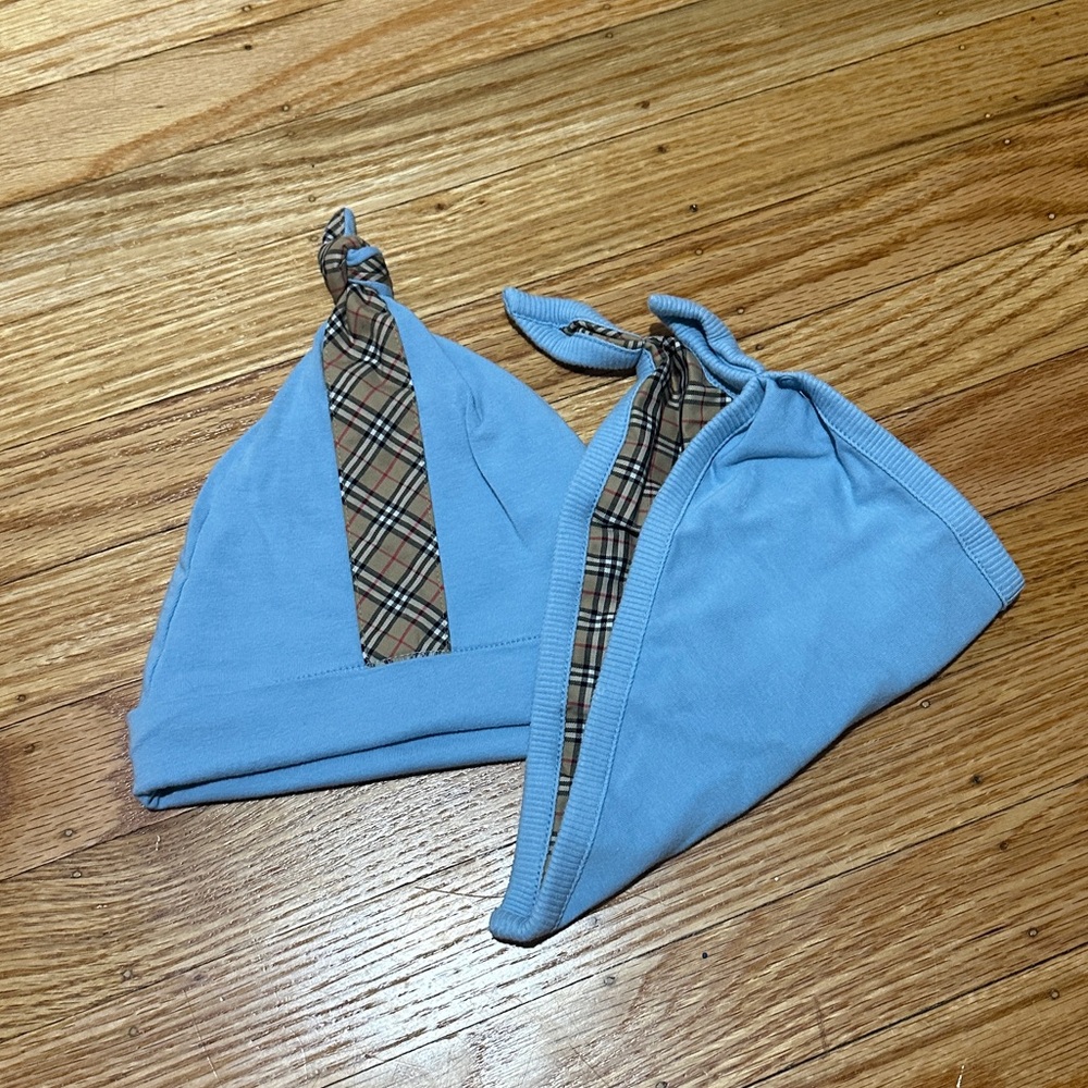 Burberry Light Blue & Beige Check Baby Hats